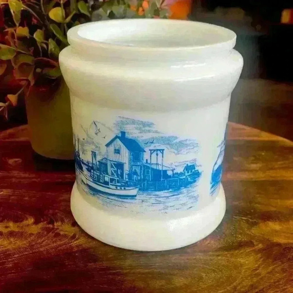 70s Milk Glass Humidor Canister Tobacco Jar Blue Coastal Fishing - Picture 3 of 5